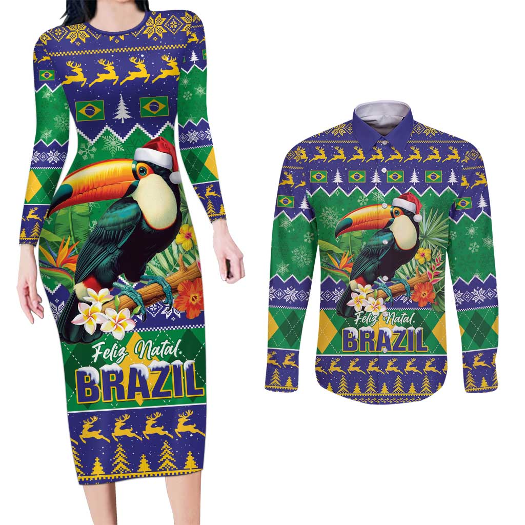 Brazil Christmas Couples Matching Long Sleeve Bodycon Dress and Long Sleeve Button Shirt Toco Toucan Feliz Natal - Wonder Print Shop