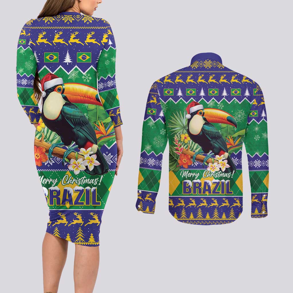 Brazil Christmas Couples Matching Long Sleeve Bodycon Dress and Long Sleeve Button Shirt Toco Toucan Feliz Natal - Wonder Print Shop