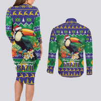 Brazil Christmas Couples Matching Long Sleeve Bodycon Dress and Long Sleeve Button Shirt Toco Toucan Feliz Natal - Wonder Print Shop