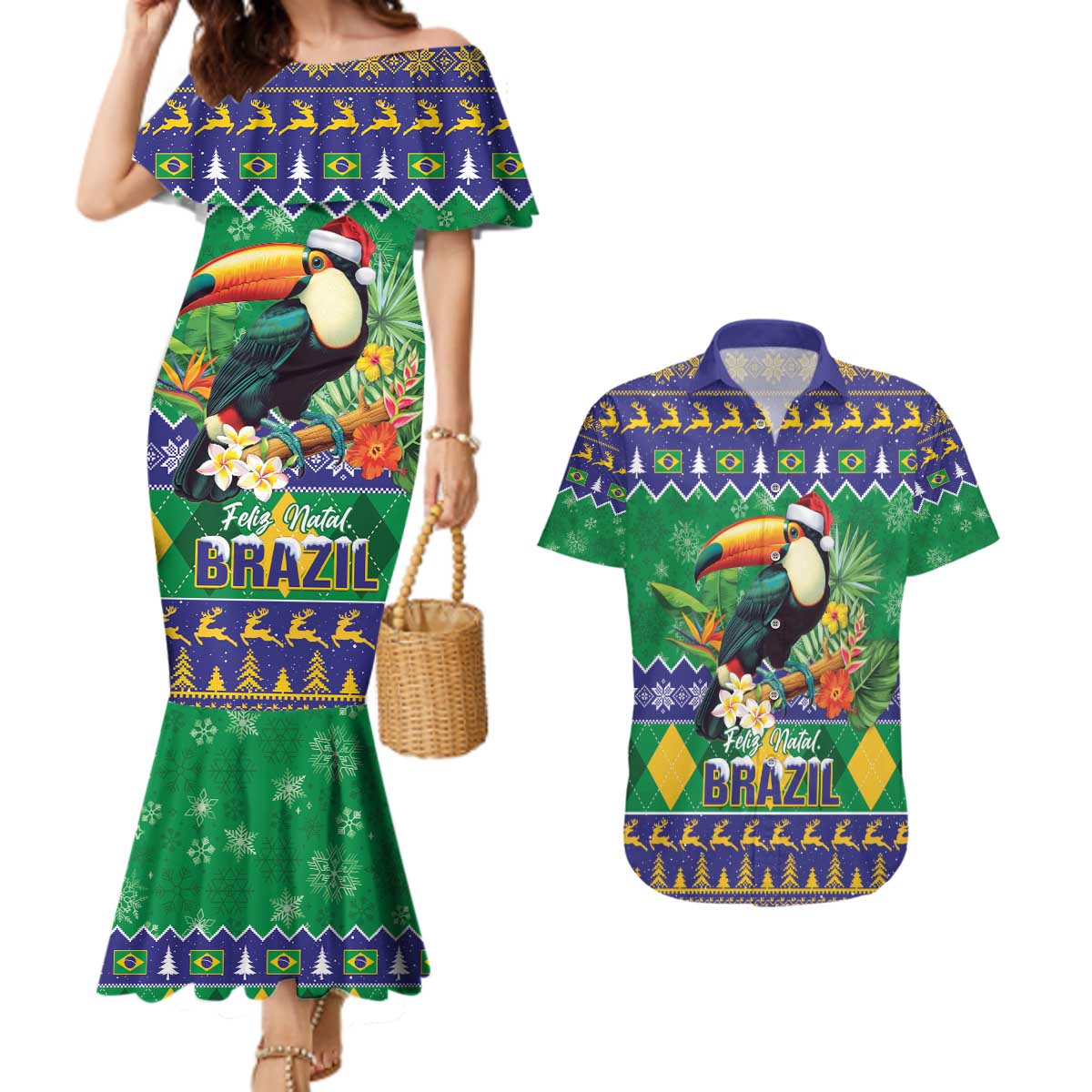Brazil Christmas Couples Matching Mermaid Dress and Hawaiian Shirt Toco Toucan Feliz Natal - Wonder Print Shop