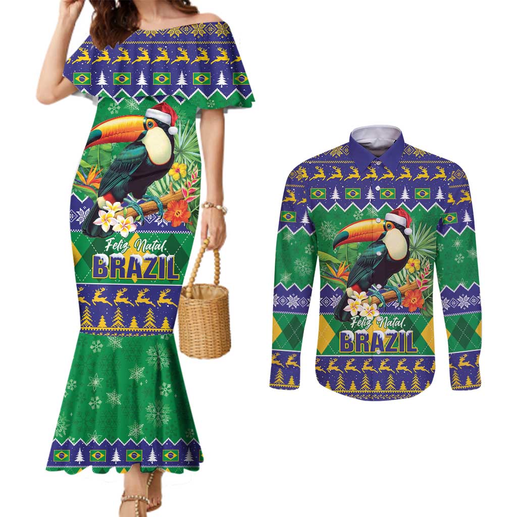 Brazil Christmas Couples Matching Mermaid Dress and Long Sleeve Button Shirt Toco Toucan Feliz Natal