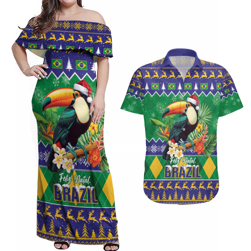 Brazil Christmas Couples Matching Off Shoulder Maxi Dress and Hawaiian Shirt Toco Toucan Feliz Natal - Wonder Print Shop