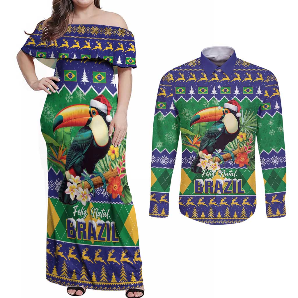 Brazil Christmas Couples Matching Off Shoulder Maxi Dress and Long Sleeve Button Shirt Toco Toucan Feliz Natal - Wonder Print Shop