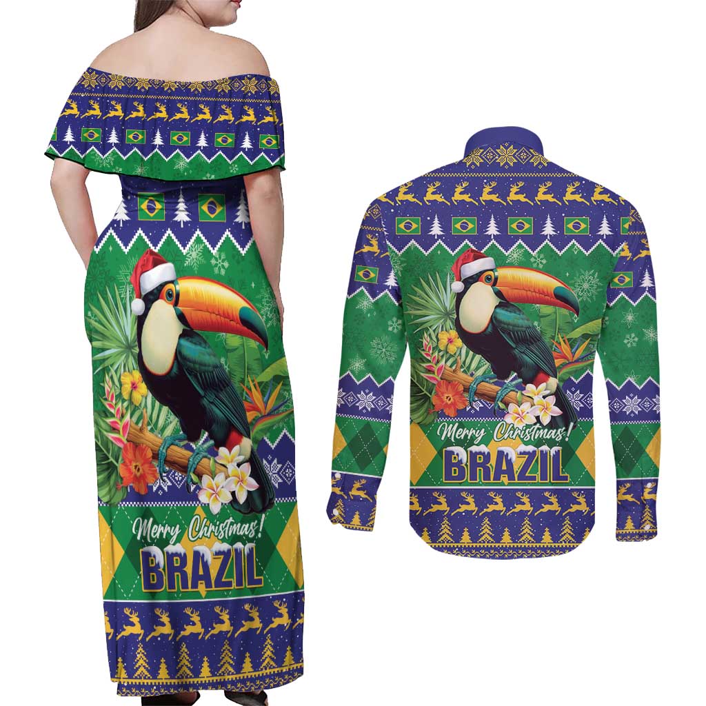 Brazil Christmas Couples Matching Off Shoulder Maxi Dress and Long Sleeve Button Shirt Toco Toucan Feliz Natal - Wonder Print Shop