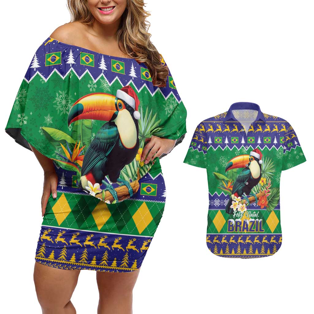 Brazil Christmas Couples Matching Off Shoulder Short Dress and Hawaiian Shirt Toco Toucan Feliz Natal - Wonder Print Shop