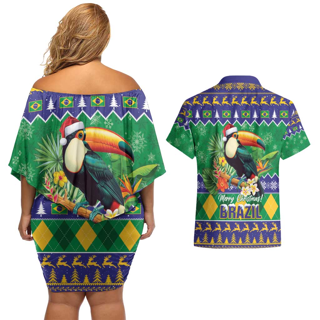 Brazil Christmas Couples Matching Off Shoulder Short Dress and Hawaiian Shirt Toco Toucan Feliz Natal - Wonder Print Shop