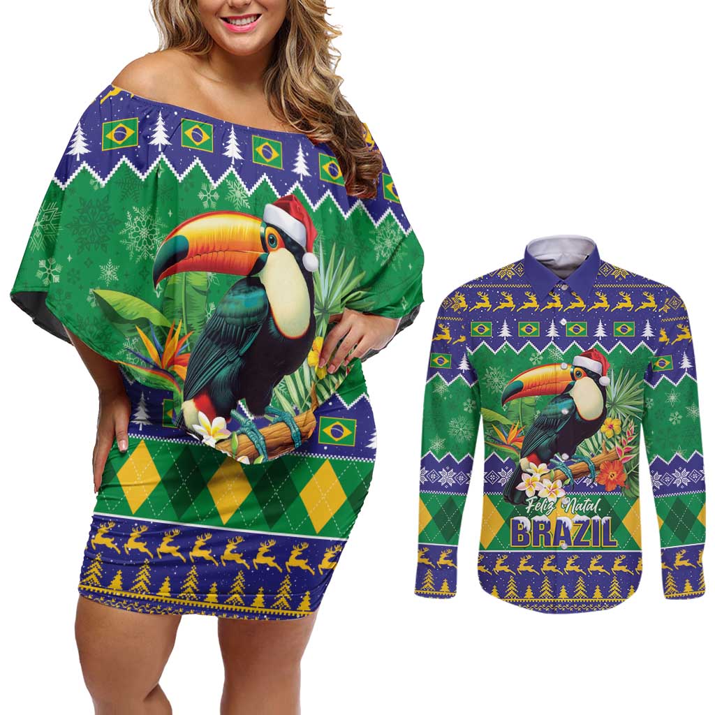 Brazil Christmas Couples Matching Off Shoulder Short Dress and Long Sleeve Button Shirt Toco Toucan Feliz Natal - Wonder Print Shop
