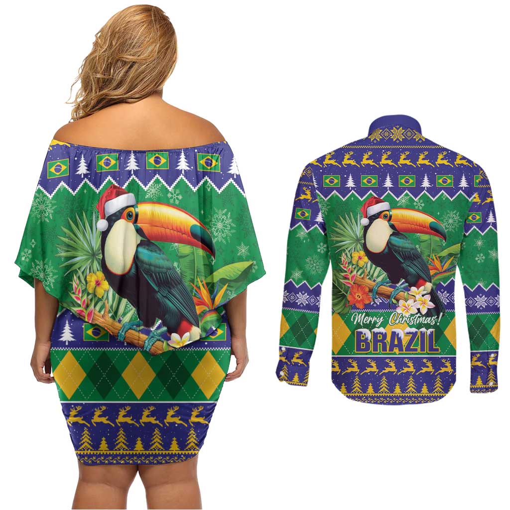 Brazil Christmas Couples Matching Off Shoulder Short Dress and Long Sleeve Button Shirt Toco Toucan Feliz Natal - Wonder Print Shop