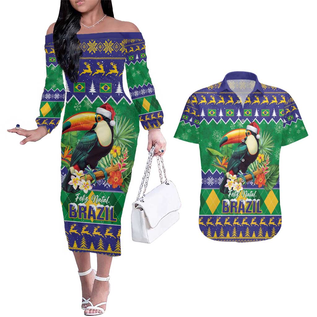 Brazil Christmas Couples Matching Off The Shoulder Long Sleeve Dress and Hawaiian Shirt Toco Toucan Feliz Natal - Wonder Print Shop