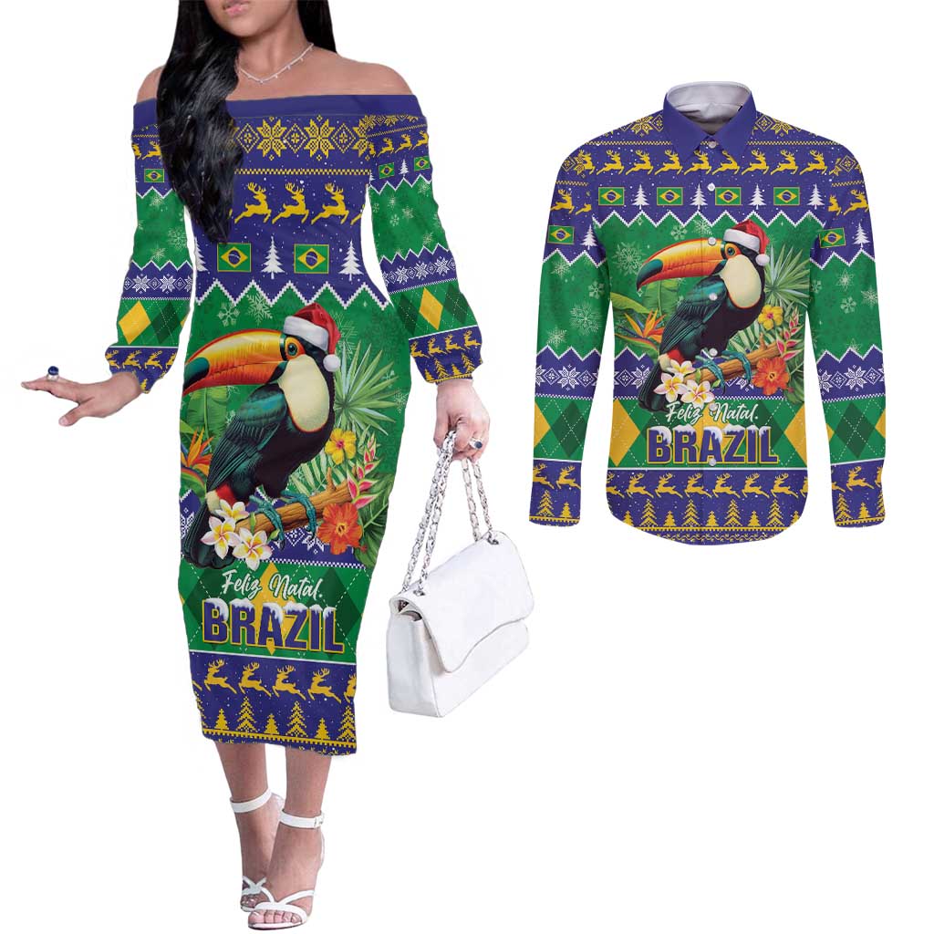 Brazil Christmas Couples Matching Off The Shoulder Long Sleeve Dress and Long Sleeve Button Shirt Toco Toucan Feliz Natal