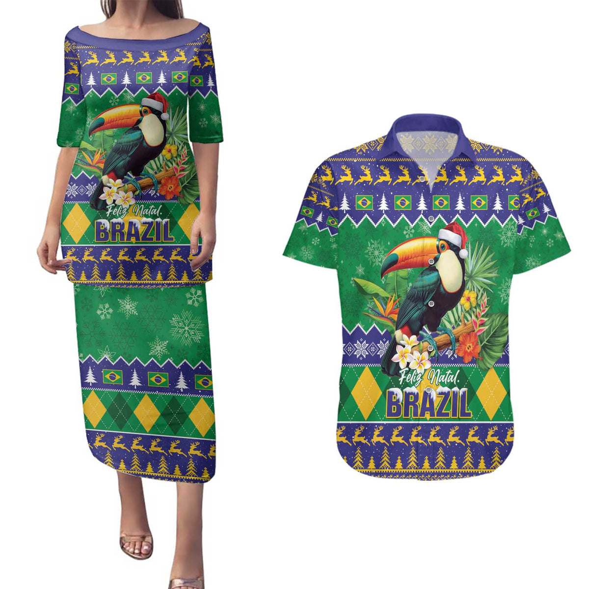 Brazil Christmas Couples Matching Puletasi and Hawaiian Shirt Toco Toucan Feliz Natal - Wonder Print Shop