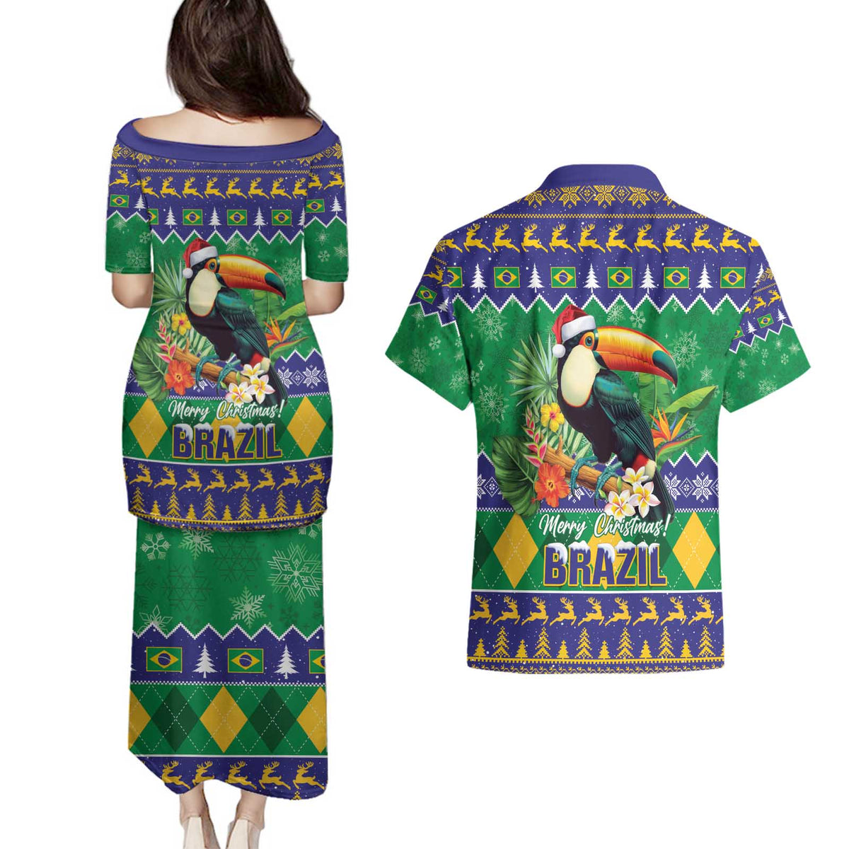 Brazil Christmas Couples Matching Puletasi and Hawaiian Shirt Toco Toucan Feliz Natal - Wonder Print Shop
