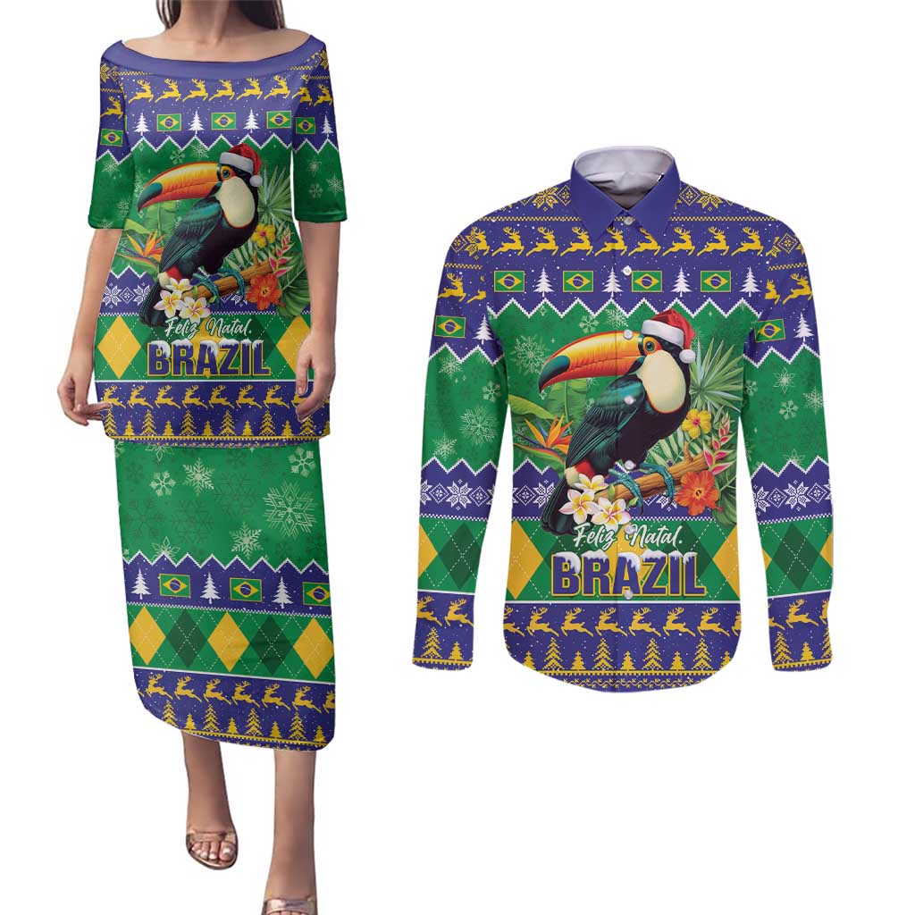Brazil Christmas Couples Matching Puletasi and Long Sleeve Button Shirt Toco Toucan Feliz Natal - Wonder Print Shop