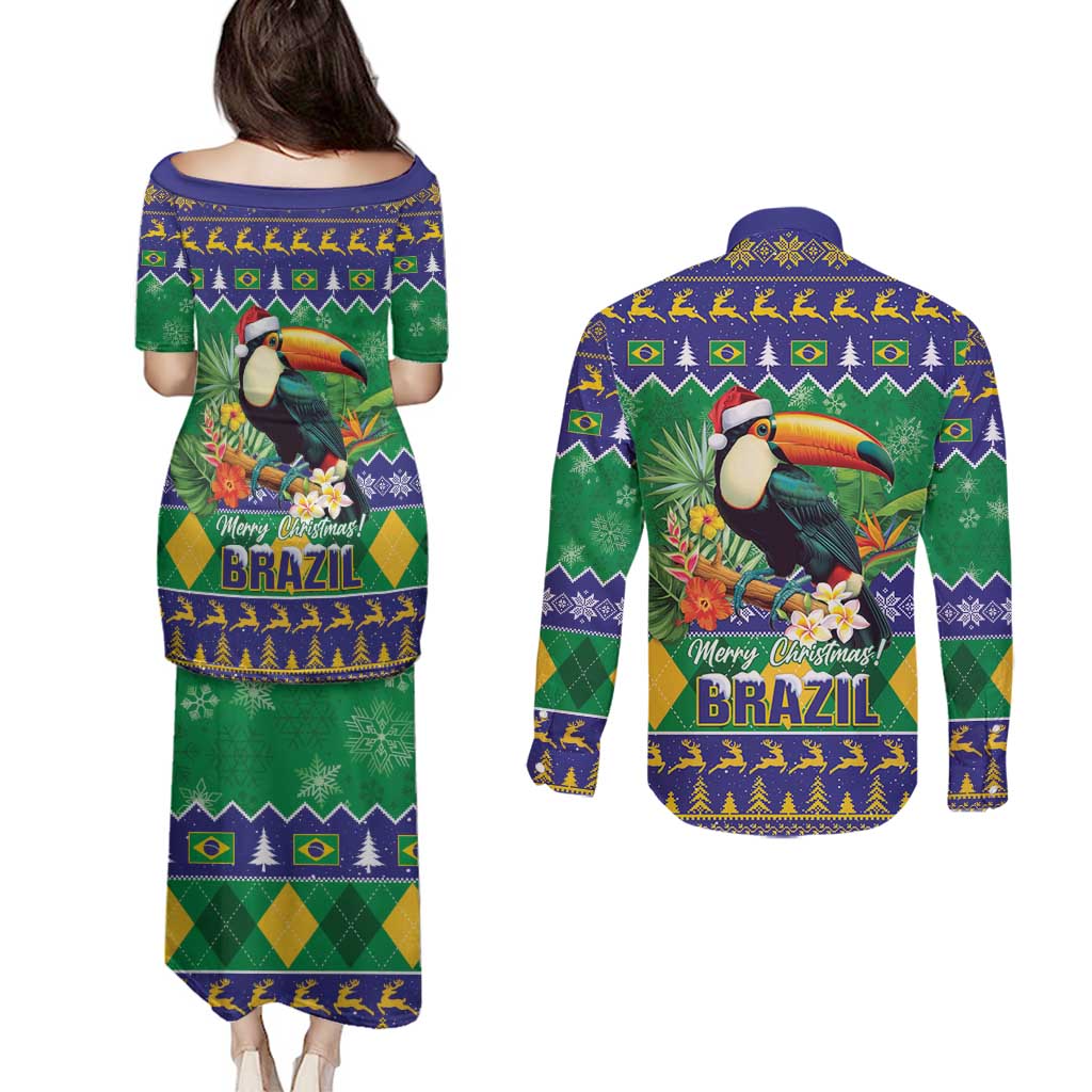 Brazil Christmas Couples Matching Puletasi and Long Sleeve Button Shirt Toco Toucan Feliz Natal - Wonder Print Shop
