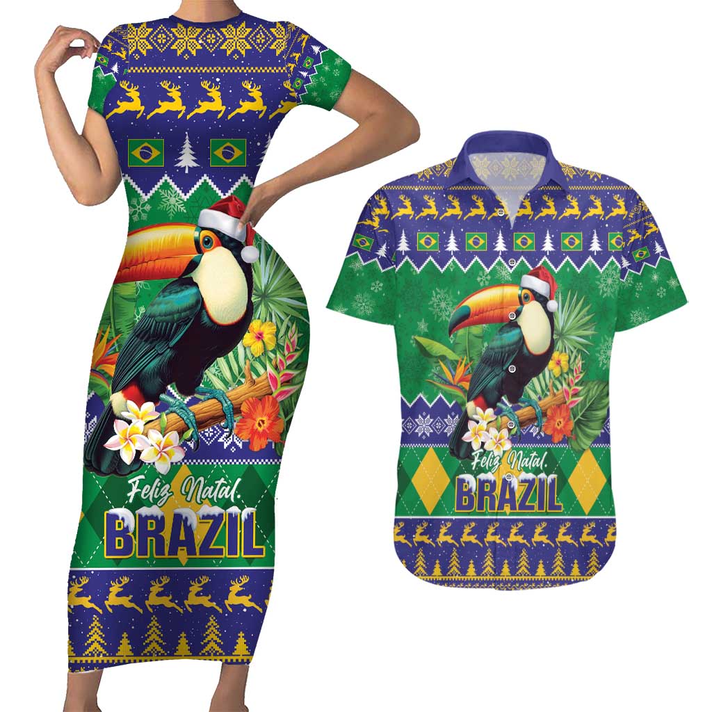 Brazil Christmas Couples Matching Short Sleeve Bodycon Dress and Hawaiian Shirt Toco Toucan Feliz Natal - Wonder Print Shop