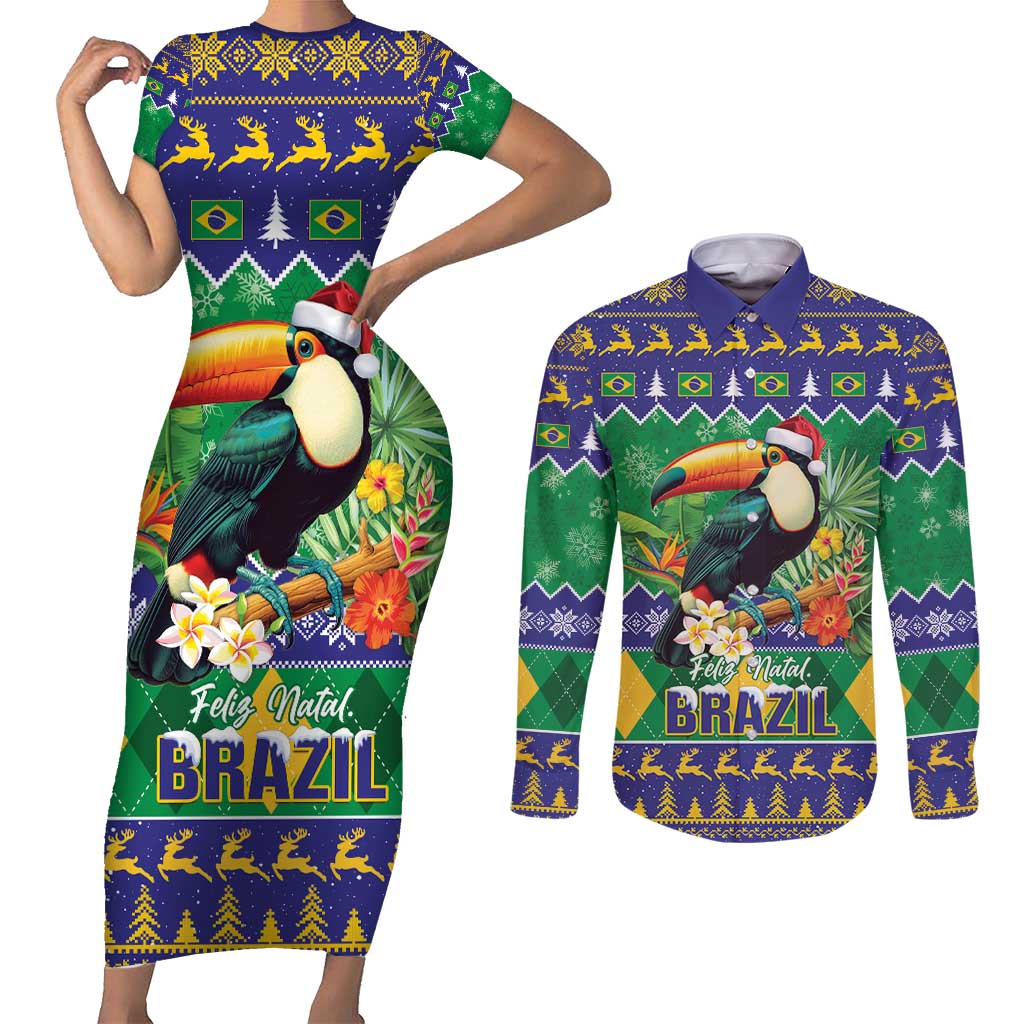 Brazil Christmas Couples Matching Short Sleeve Bodycon Dress and Long Sleeve Button Shirt Toco Toucan Feliz Natal - Wonder Print Shop
