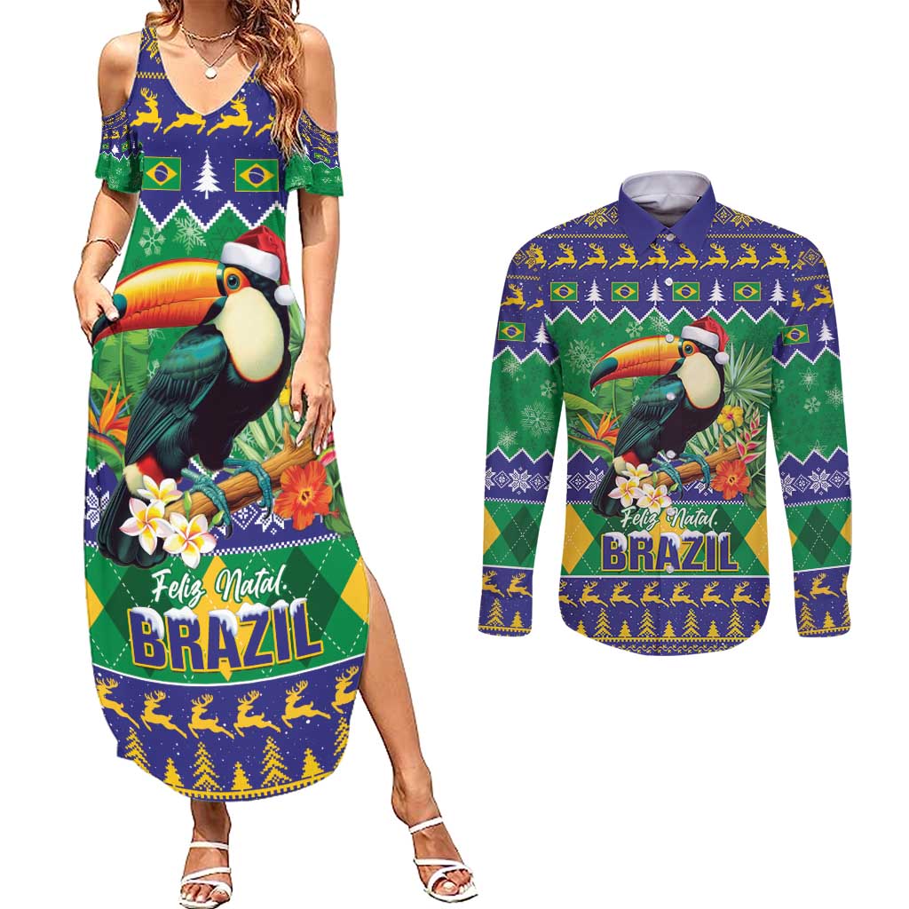 Brazil Christmas Couples Matching Summer Maxi Dress and Long Sleeve Button Shirt Toco Toucan Feliz Natal - Wonder Print Shop