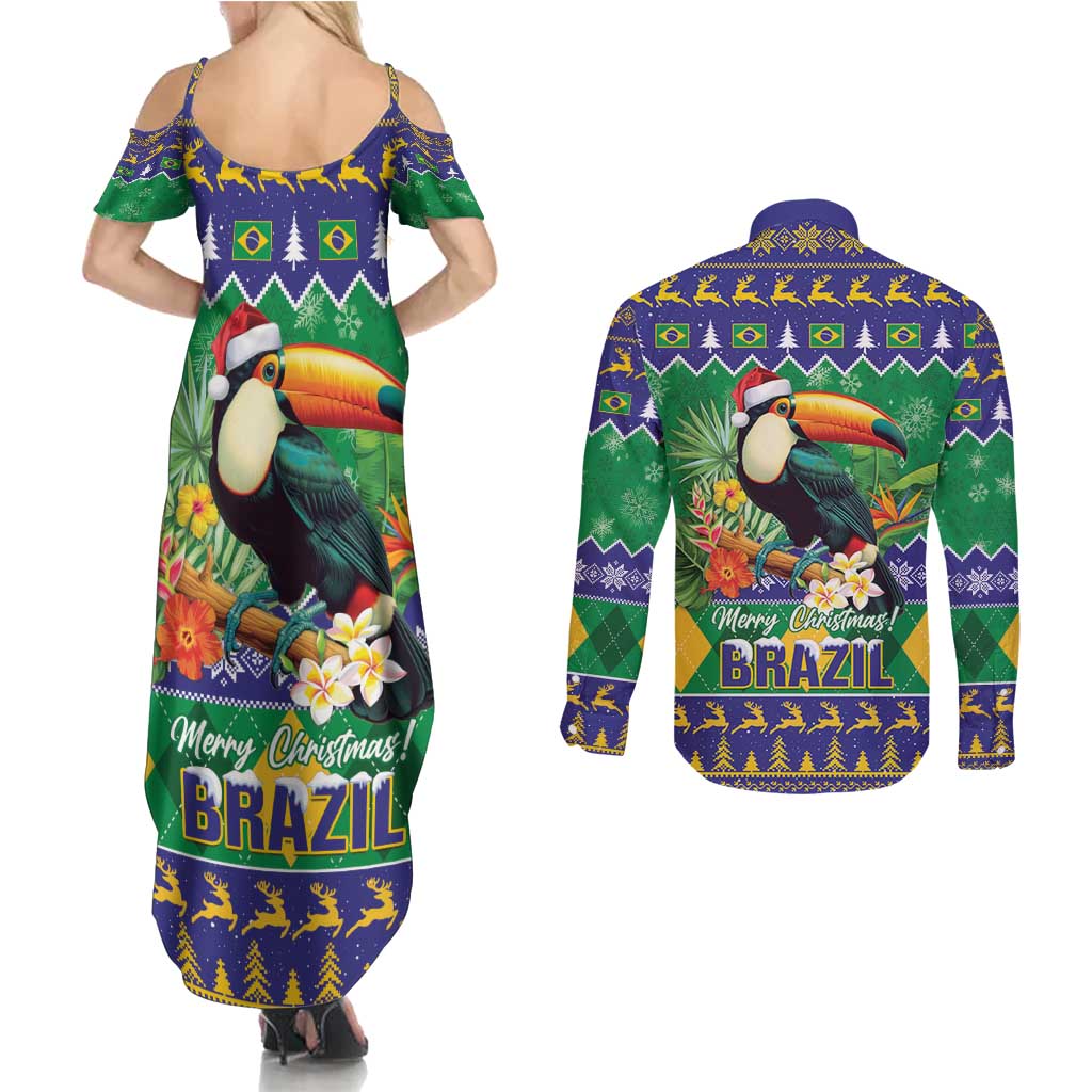 Brazil Christmas Couples Matching Summer Maxi Dress and Long Sleeve Button Shirt Toco Toucan Feliz Natal - Wonder Print Shop