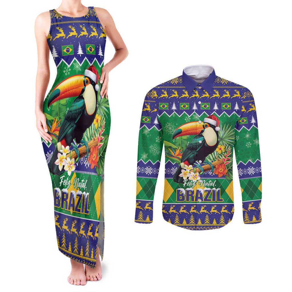 Brazil Christmas Couples Matching Tank Maxi Dress and Long Sleeve Button Shirt Toco Toucan Feliz Natal - Wonder Print Shop