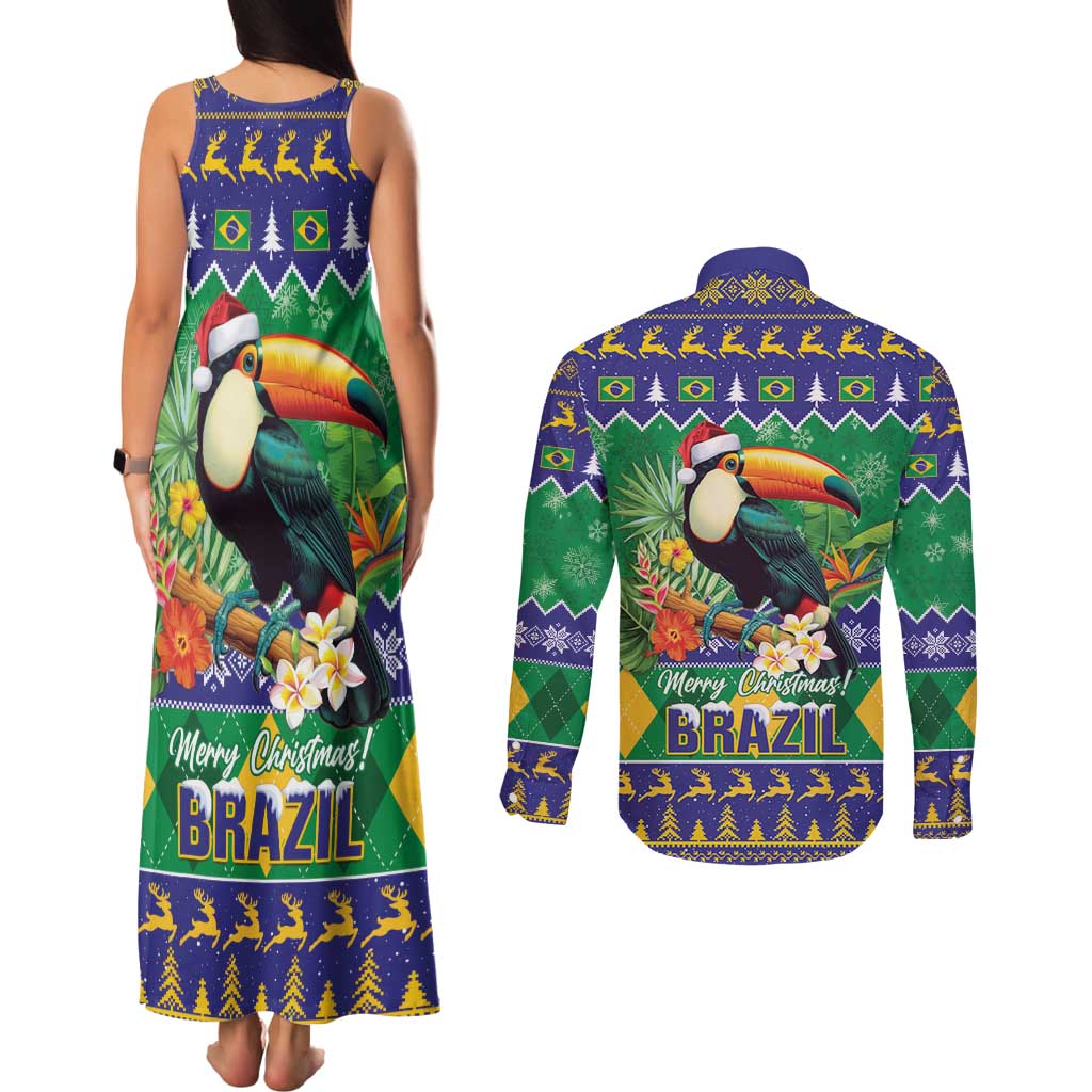 Brazil Christmas Couples Matching Tank Maxi Dress and Long Sleeve Button Shirt Toco Toucan Feliz Natal - Wonder Print Shop