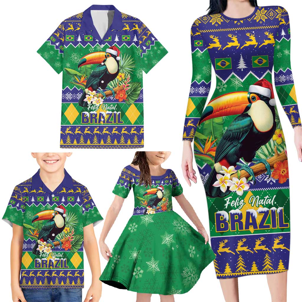 Brazil Christmas Family Matching Long Sleeve Bodycon Dress and Hawaiian Shirt Toco Toucan Feliz Natal - Wonder Print Shop