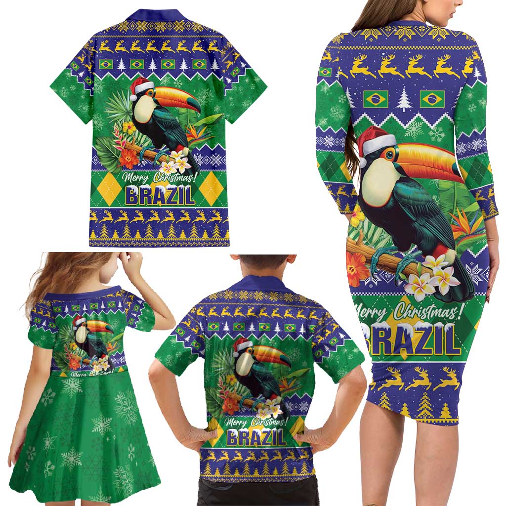 Brazil Christmas Family Matching Long Sleeve Bodycon Dress and Hawaiian Shirt Toco Toucan Feliz Natal - Wonder Print Shop