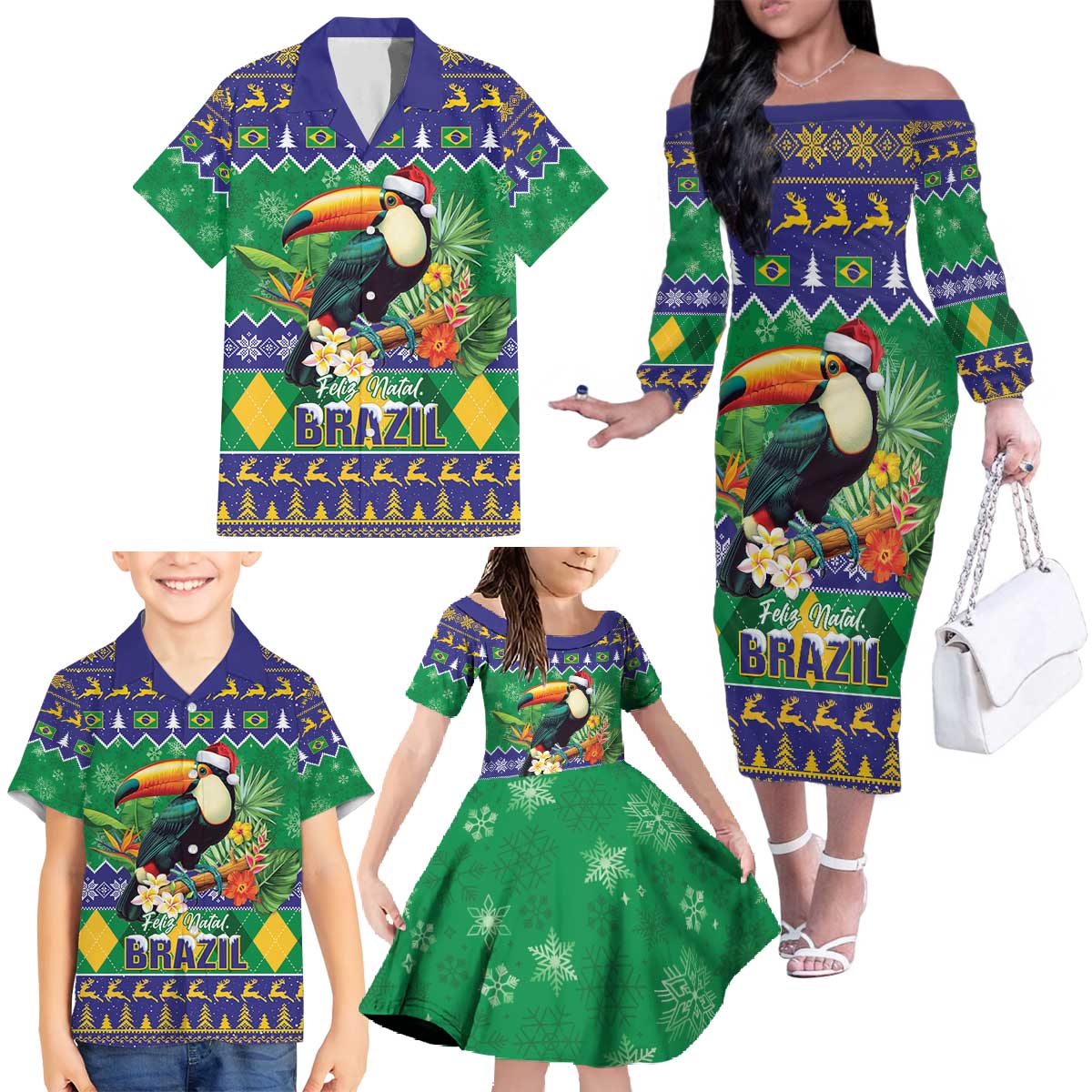 Brazil Christmas Family Matching Off The Shoulder Long Sleeve Dress and Hawaiian Shirt Toco Toucan Feliz Natal - Wonder Print Shop
