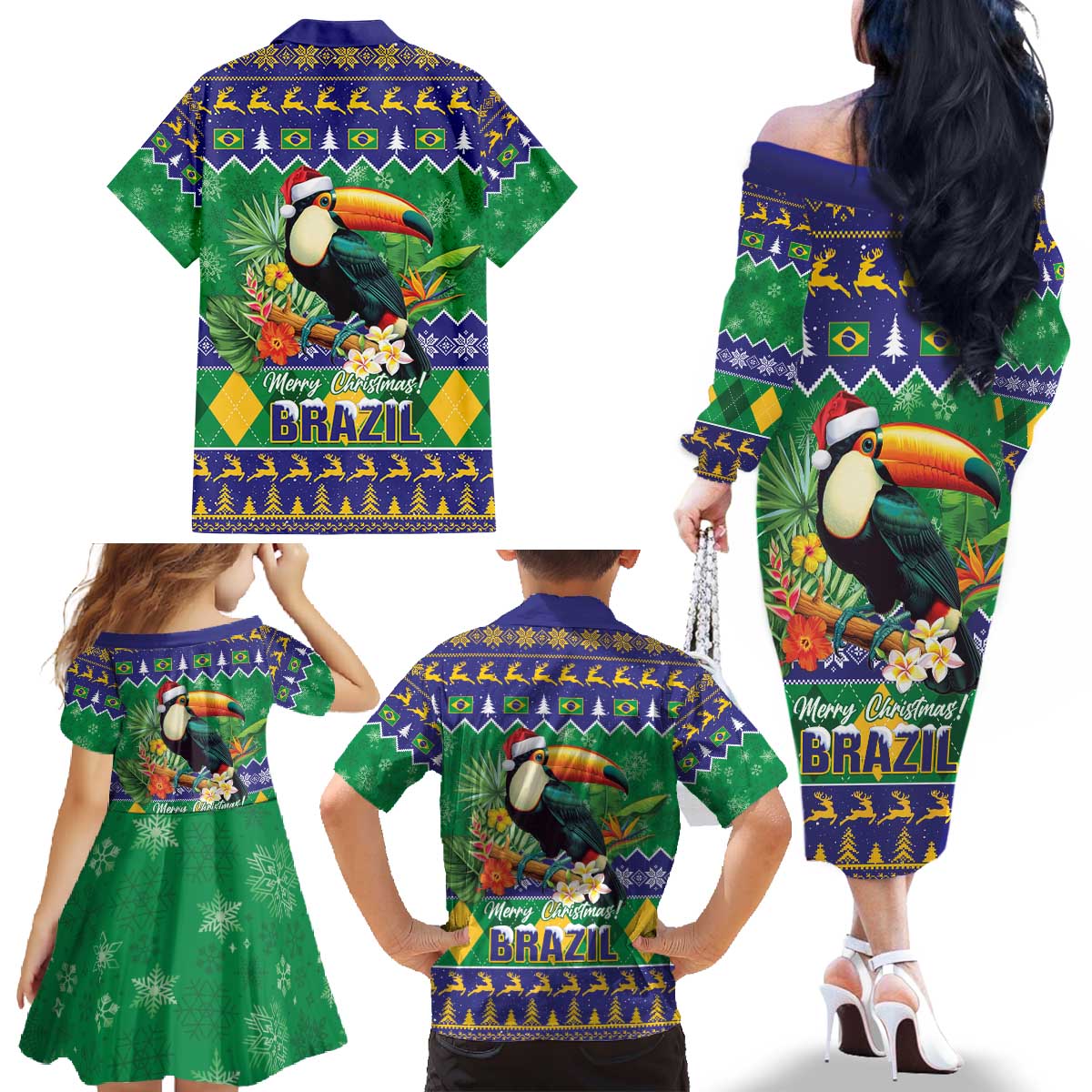 Brazil Christmas Family Matching Off The Shoulder Long Sleeve Dress and Hawaiian Shirt Toco Toucan Feliz Natal - Wonder Print Shop