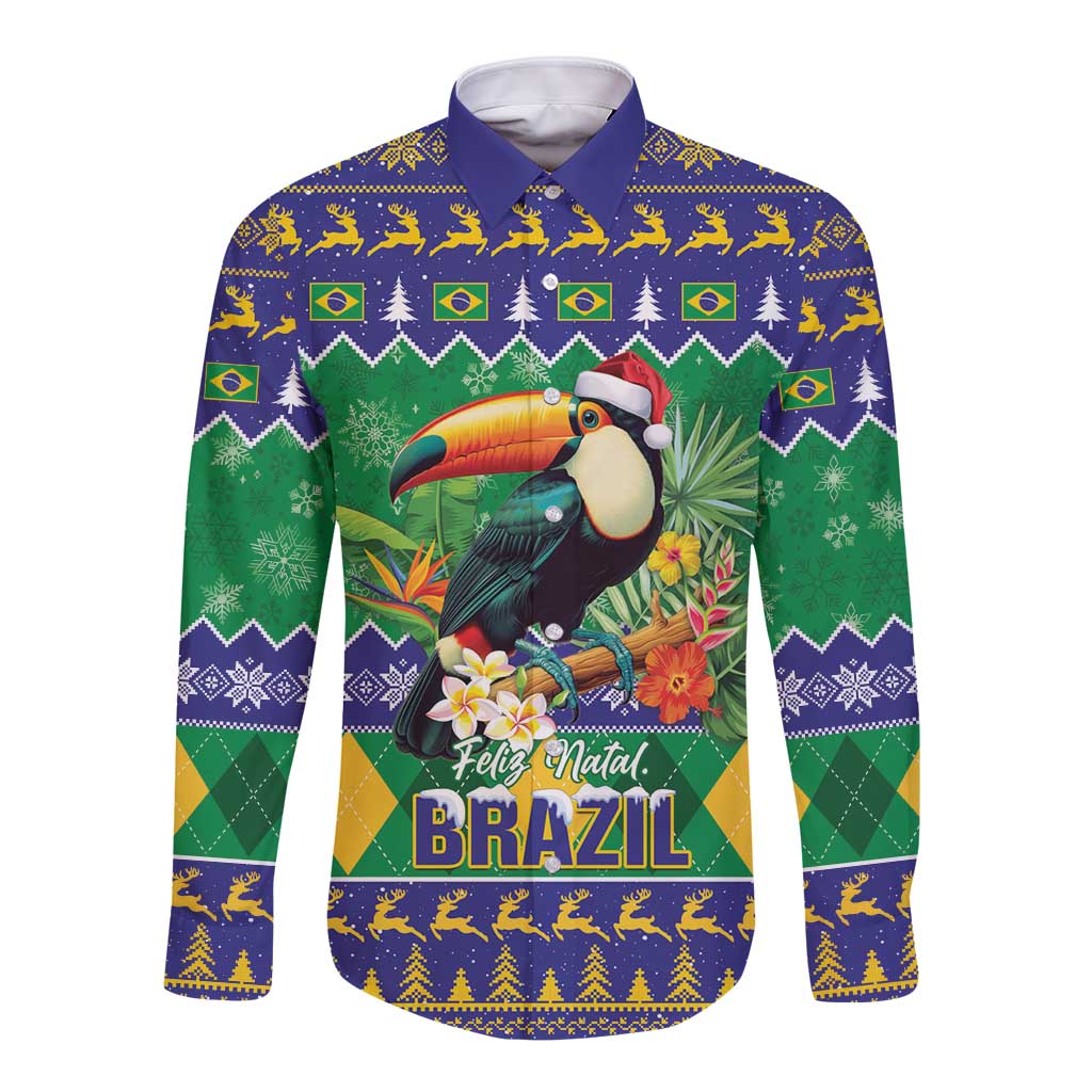 Brazil Christmas Long Sleeve Button Shirt Toco Toucan Feliz Natal - Wonder Print Shop