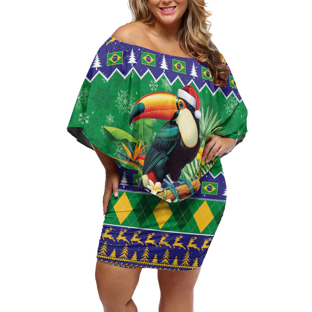 Brazil Christmas Off Shoulder Short Dress Toco Toucan Feliz Natal - Wonder Print Shop