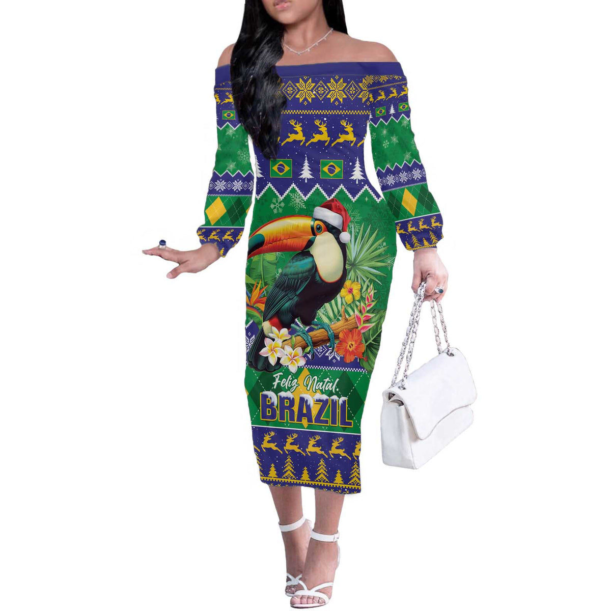 Brazil Christmas Off The Shoulder Long Sleeve Dress Toco Toucan Feliz Natal - Wonder Print Shop