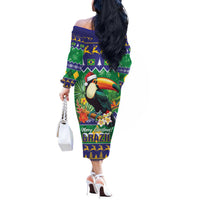 Brazil Christmas Off The Shoulder Long Sleeve Dress Toco Toucan Feliz Natal - Wonder Print Shop