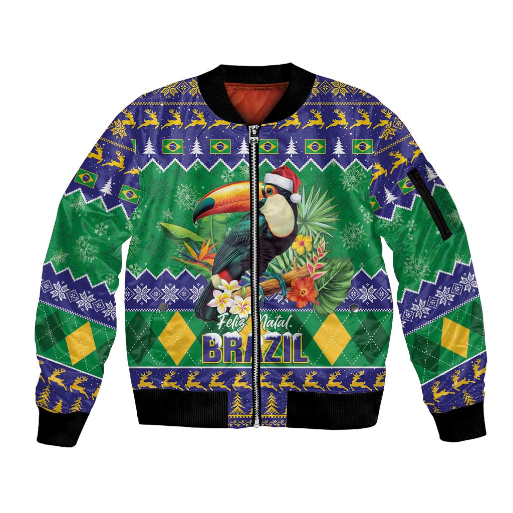 Brazil Christmas Sleeve Zip Bomber Jacket Toco Toucan Feliz Natal - Wonder Print Shop