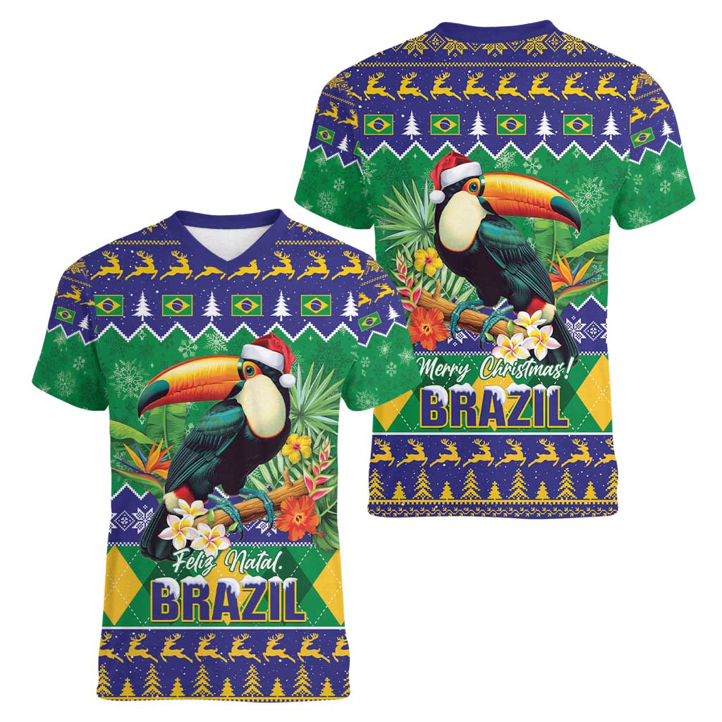 Brazil Christmas Women V-Neck T-Shirt Toco Toucan Feliz Natal - Wonder Print Shop