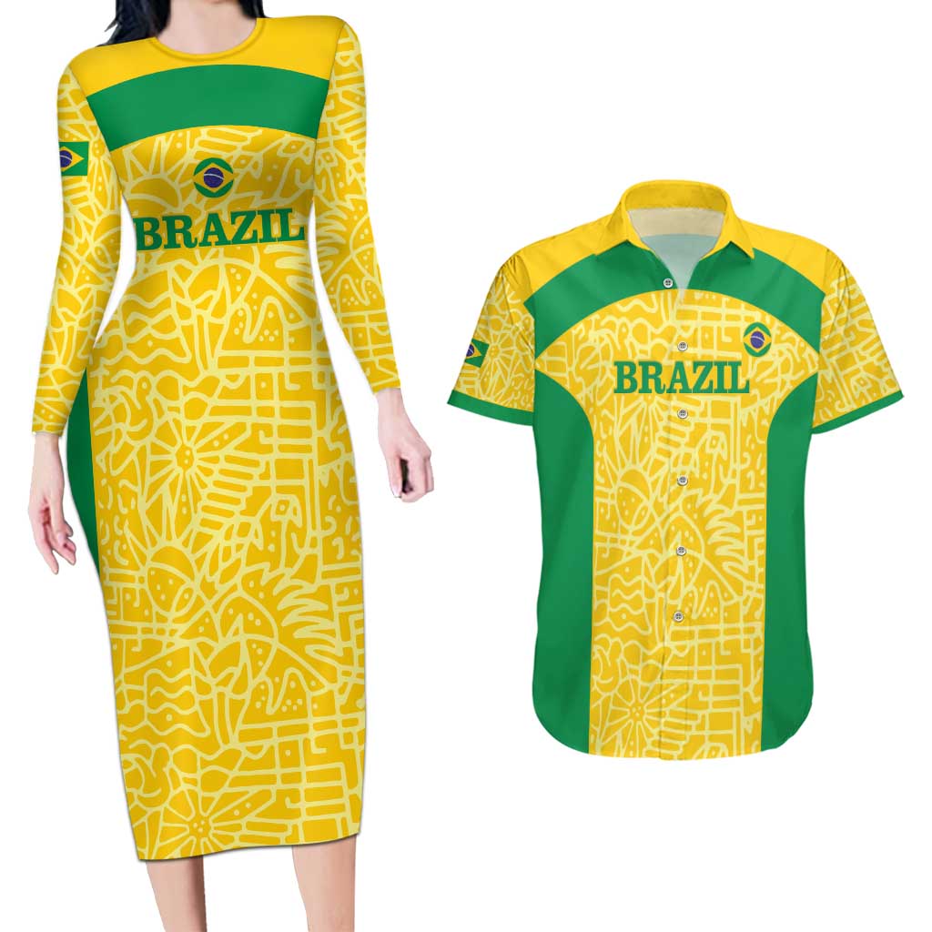 Custom Brazil Football Couples Matching Long Sleeve Bodycon Dress and Hawaiian Shirt Vamos Selecao - Yellow - Wonder Print Shop