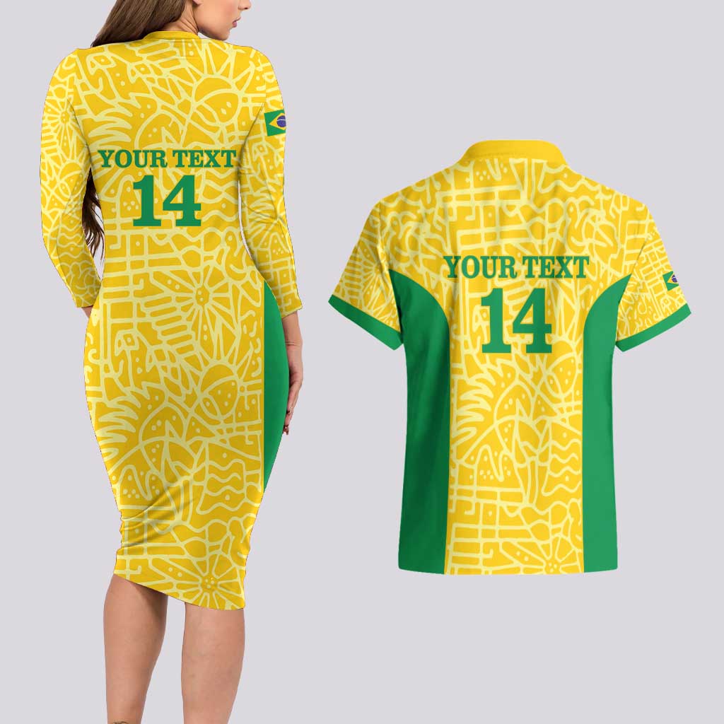Custom Brazil Football Couples Matching Long Sleeve Bodycon Dress and Hawaiian Shirt Vamos Selecao - Yellow - Wonder Print Shop