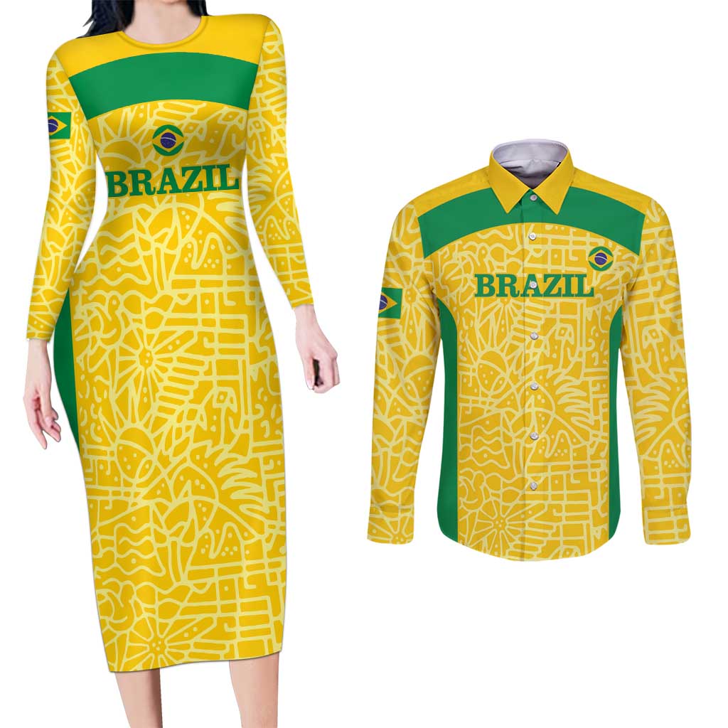 Custom Brazil Football Couples Matching Long Sleeve Bodycon Dress and Long Sleeve Button Shirt Vamos Selecao - Yellow - Wonder Print Shop