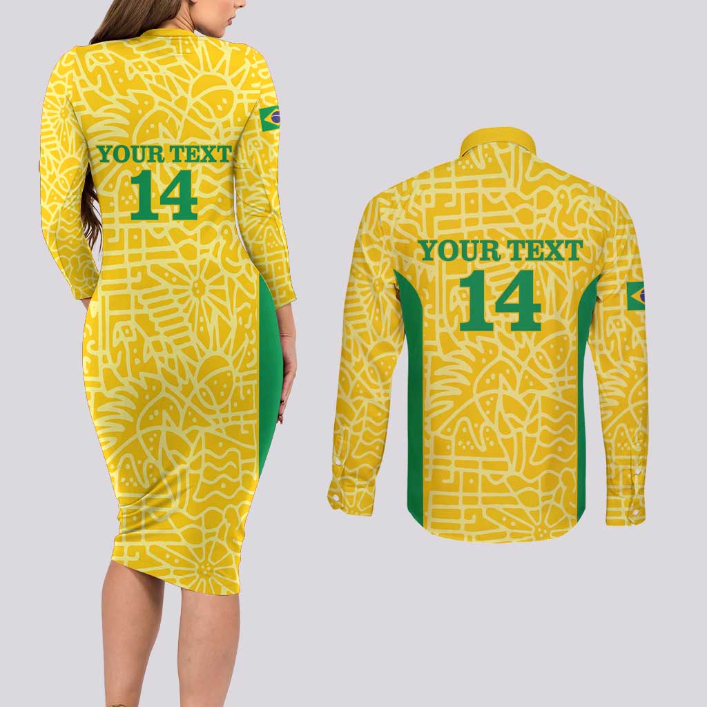 Custom Brazil Football Couples Matching Long Sleeve Bodycon Dress and Long Sleeve Button Shirt Vamos Selecao - Yellow - Wonder Print Shop