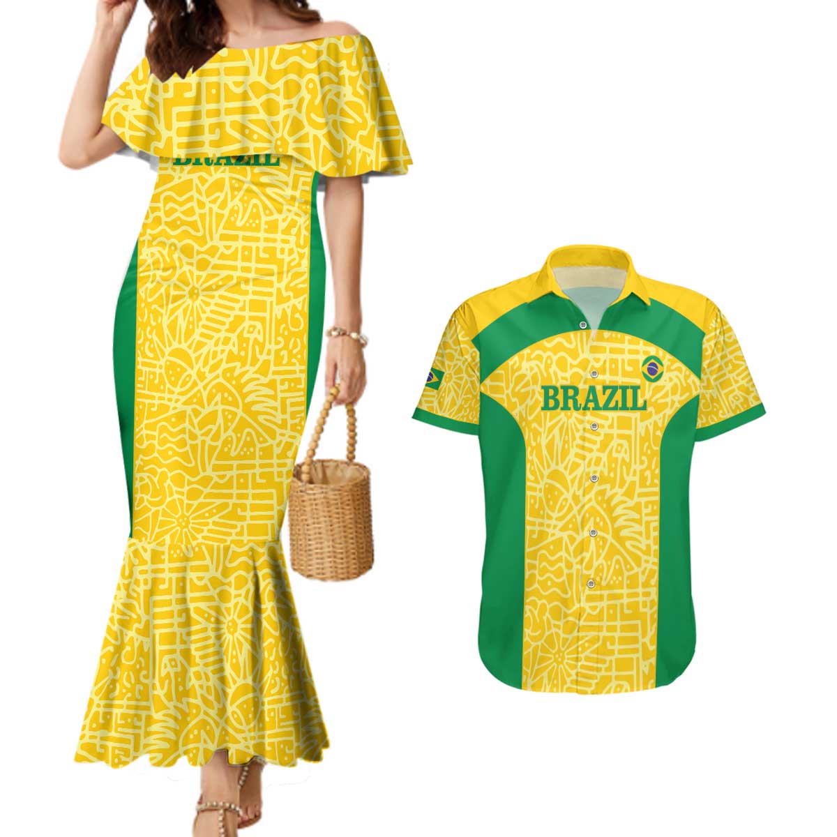 Custom Brazil Football Couples Matching Mermaid Dress and Hawaiian Shirt Vamos Selecao - Yellow - Wonder Print Shop