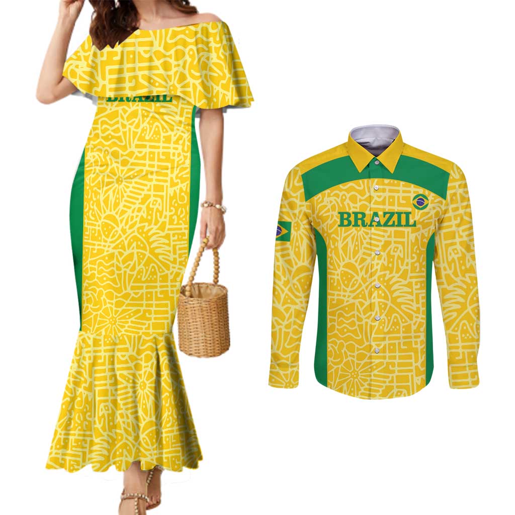 Custom Brazil Football Couples Matching Mermaid Dress and Long Sleeve Button Shirt Vamos Selecao - Yellow