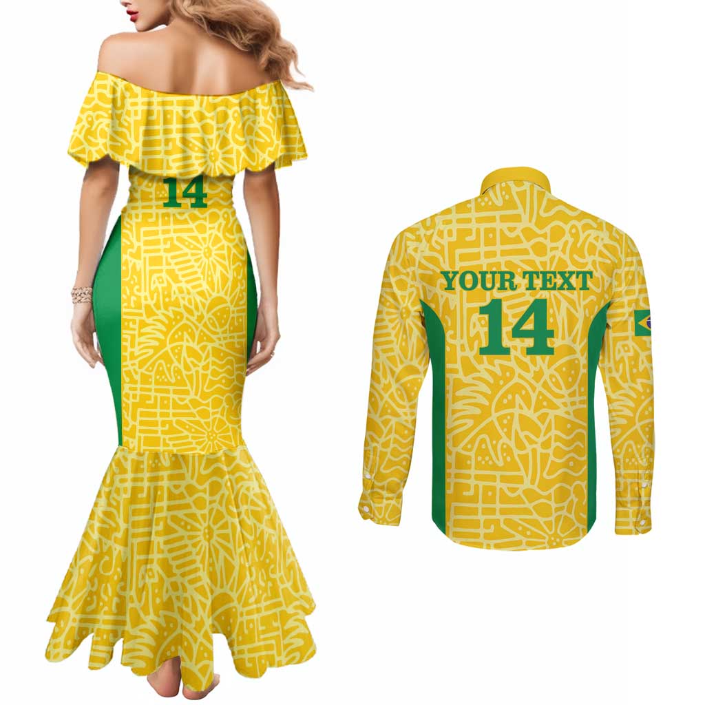 Custom Brazil Football Couples Matching Mermaid Dress and Long Sleeve Button Shirt Vamos Selecao - Yellow