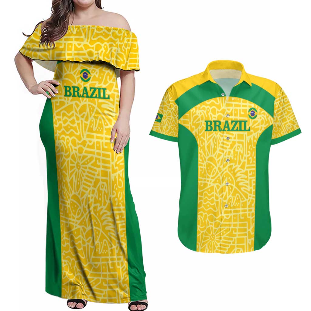 Custom Brazil Football Couples Matching Off Shoulder Maxi Dress and Hawaiian Shirt Vamos Selecao - Yellow - Wonder Print Shop