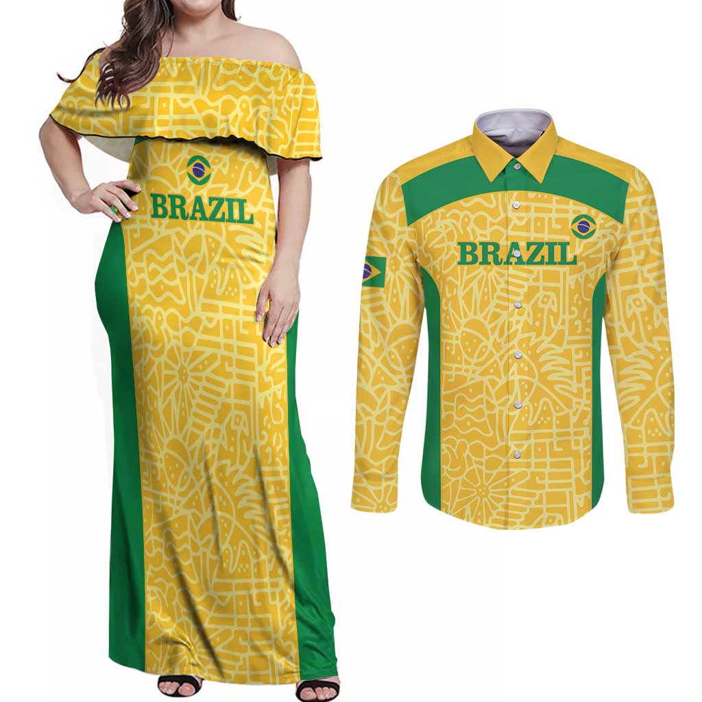 Custom Brazil Football Couples Matching Off Shoulder Maxi Dress and Long Sleeve Button Shirt Vamos Selecao - Yellow - Wonder Print Shop