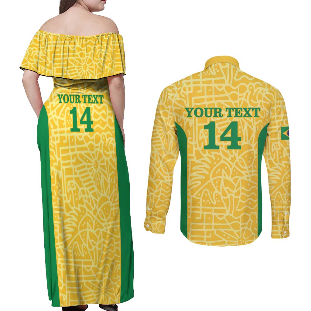 Custom Brazil Football Couples Matching Off Shoulder Maxi Dress and Long Sleeve Button Shirt Vamos Selecao - Yellow - Wonder Print Shop