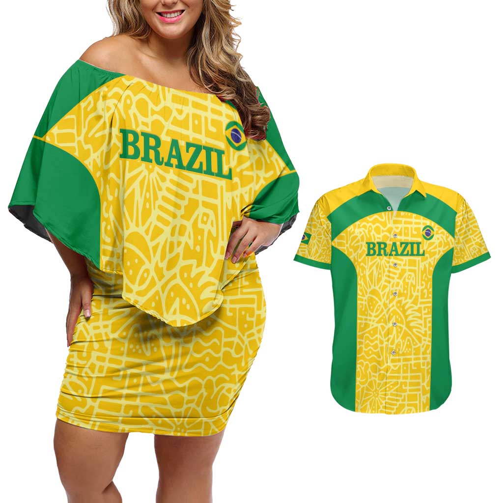 Custom Brazil Football Couples Matching Off Shoulder Short Dress and Hawaiian Shirt Vamos Selecao - Yellow - Wonder Print Shop