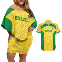 Custom Brazil Football Couples Matching Off Shoulder Short Dress and Hawaiian Shirt Vamos Selecao - Yellow - Wonder Print Shop