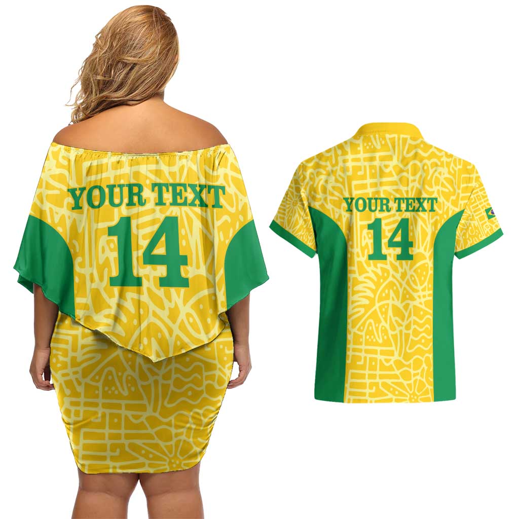 Custom Brazil Football Couples Matching Off Shoulder Short Dress and Hawaiian Shirt Vamos Selecao - Yellow - Wonder Print Shop