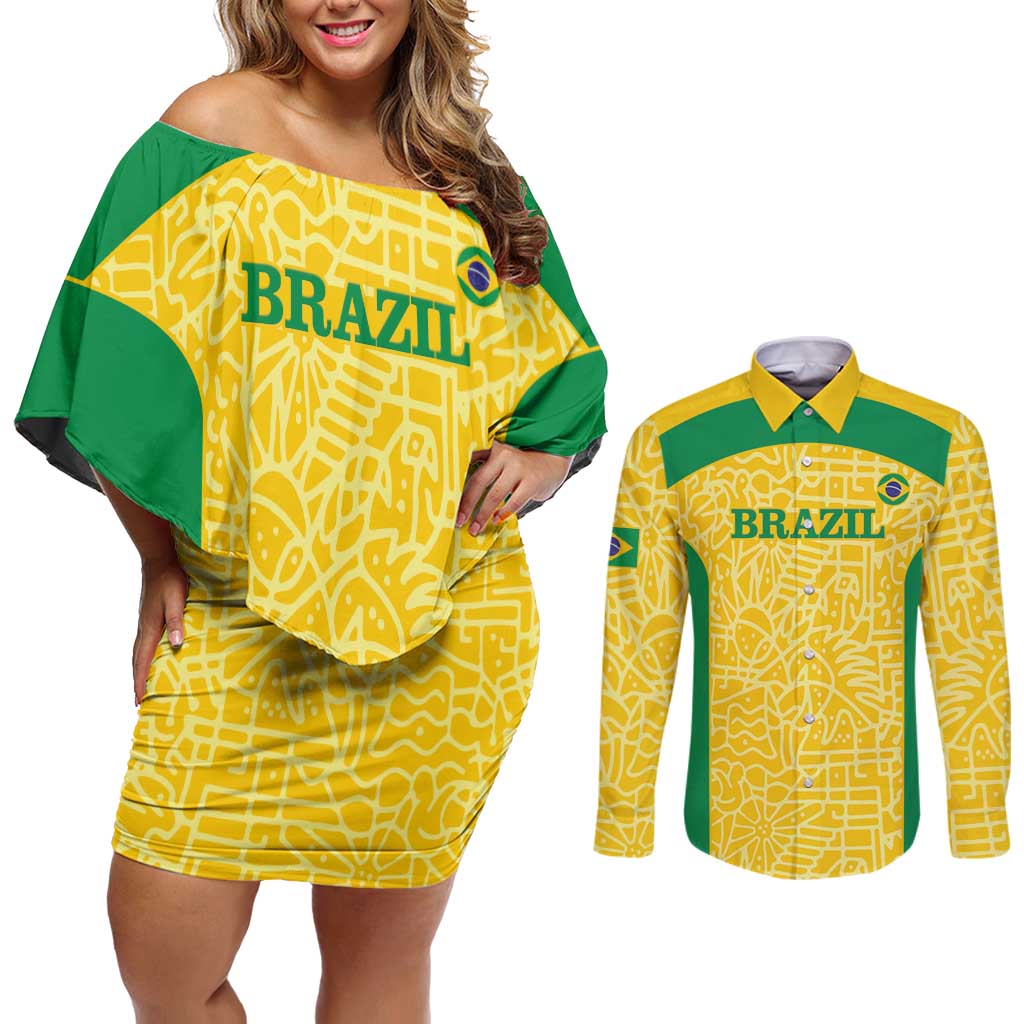 Custom Brazil Football Couples Matching Off Shoulder Short Dress and Long Sleeve Button Shirt Vamos Selecao - Yellow - Wonder Print Shop