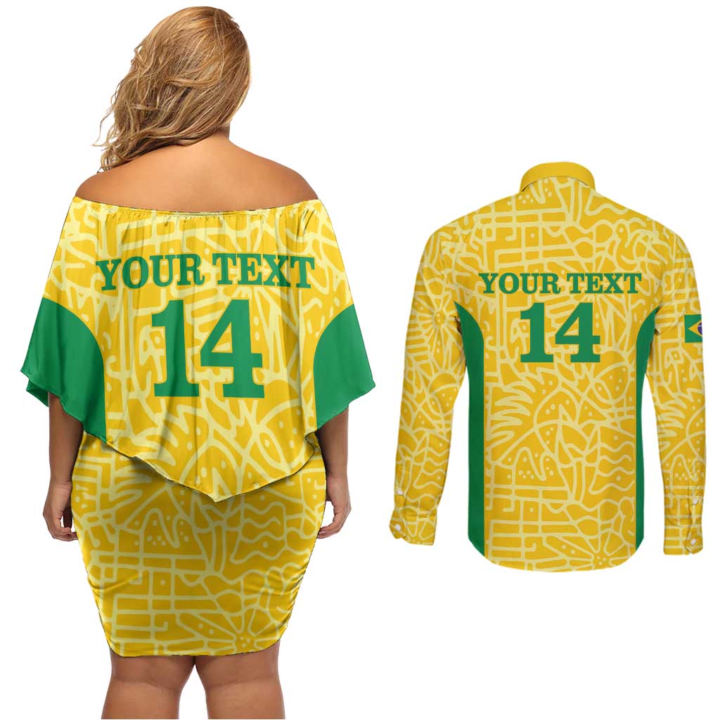 Custom Brazil Football Couples Matching Off Shoulder Short Dress and Long Sleeve Button Shirt Vamos Selecao - Yellow - Wonder Print Shop