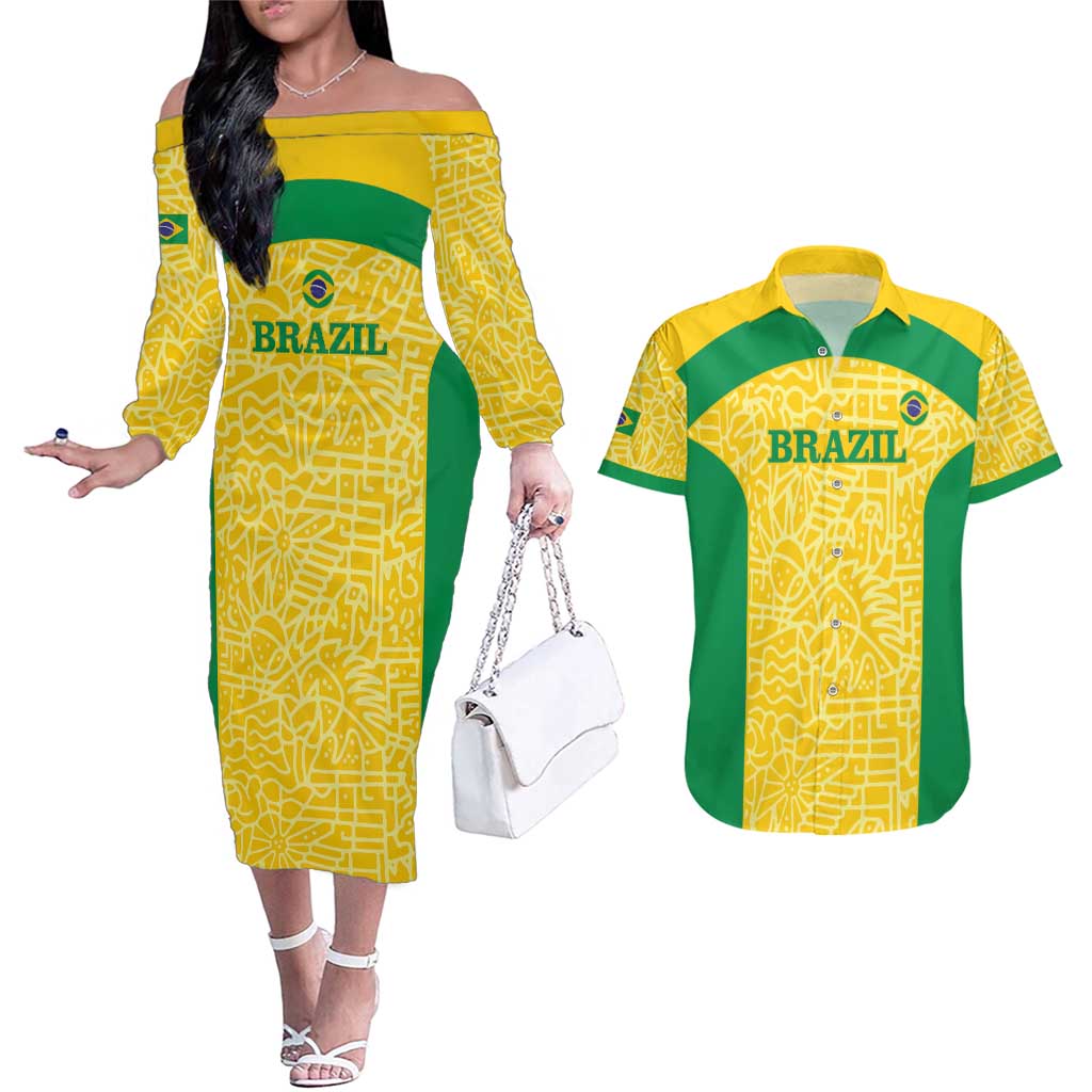 Custom Brazil Football Couples Matching Off The Shoulder Long Sleeve Dress and Hawaiian Shirt Vamos Selecao - Yellow - Wonder Print Shop